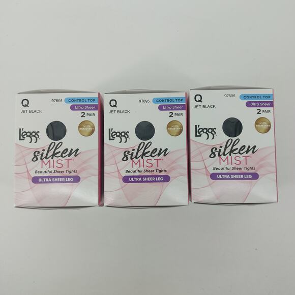 Leggs Jet Black Q Silken Mist Ultra Sheer Legs Control Top 6 Pairs Tights - Picture 1 of 8